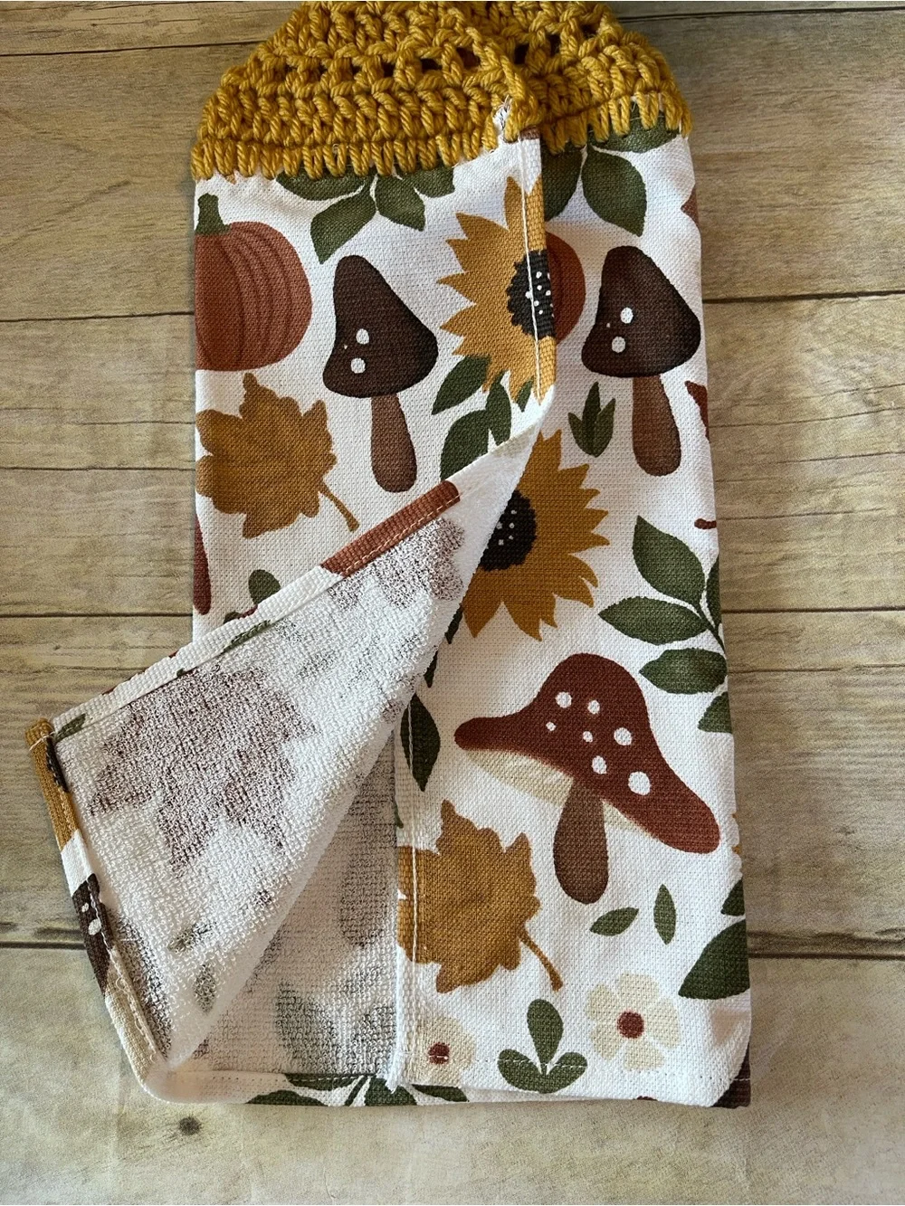Mushrooms& Fall Colors Crochet Top Hanging Single Thickness Towel HandmadeW Love